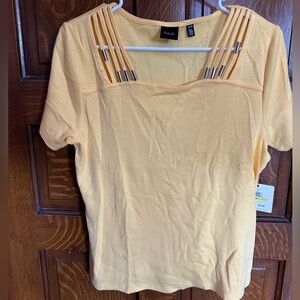 Rafaella Pale Yellow Short-Sleeve Top with Beaded Strap Detail